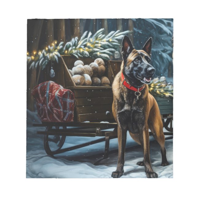 Belgiska Malinoi Snowy Sleigh-juldekretet Anteckningsblock (Framsida)
