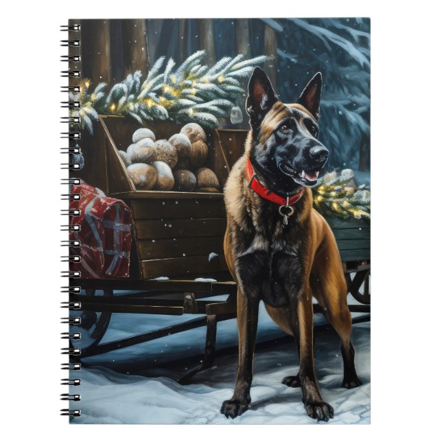Belgiska Malinoi Snowy Sleigh-juldekretet Anteckningsbok (Framsidan)
