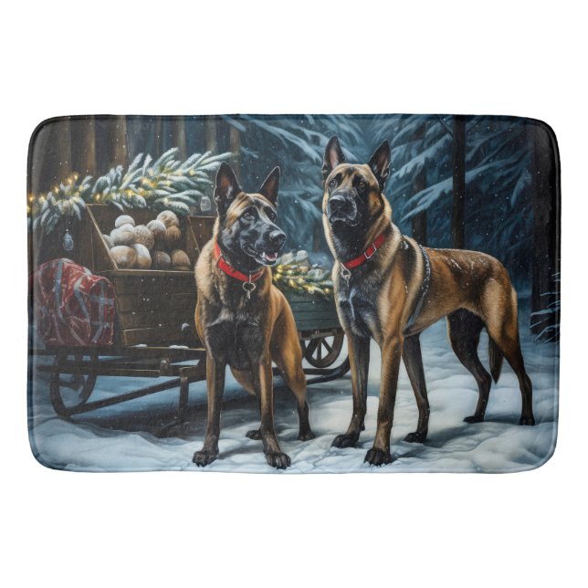Belgiska Malinoi Snowy Sleigh-juldekretet Badrumsmatta (Framsidan)