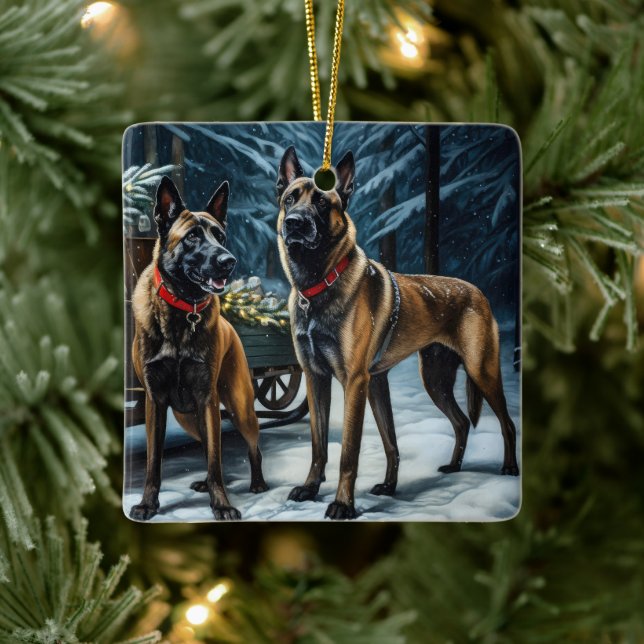 Belgiska Malinoi Snowy Sleigh-juldekretet Julgransprydnad Keramik (Träd)
