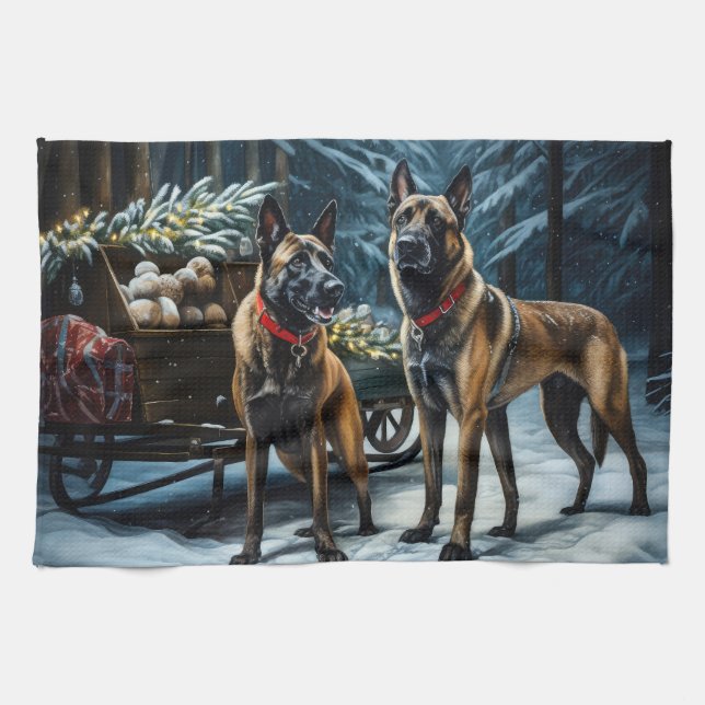Belgiska Malinoi Snowy Sleigh-juldekretet Kökshandduk (Horisontell)