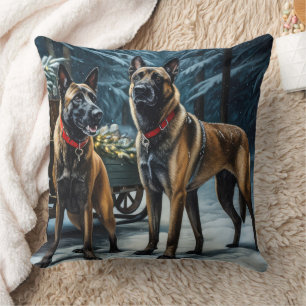 Belgiska Malinoi Snowy Sleigh-juldekretet Kudde