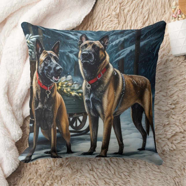 Belgiska Malinoi Snowy Sleigh-juldekretet Kudde (Filt)