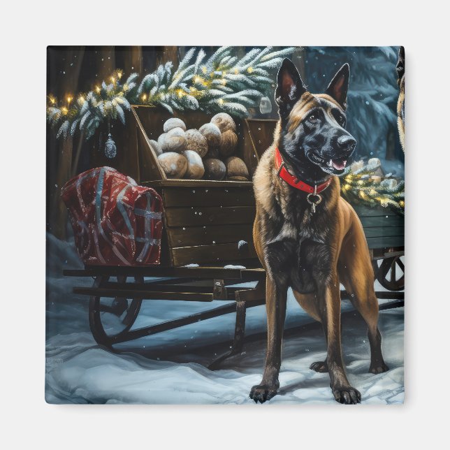 Belgiska Malinoi Snowy Sleigh-juldekretet Magnet (Framsidan)
