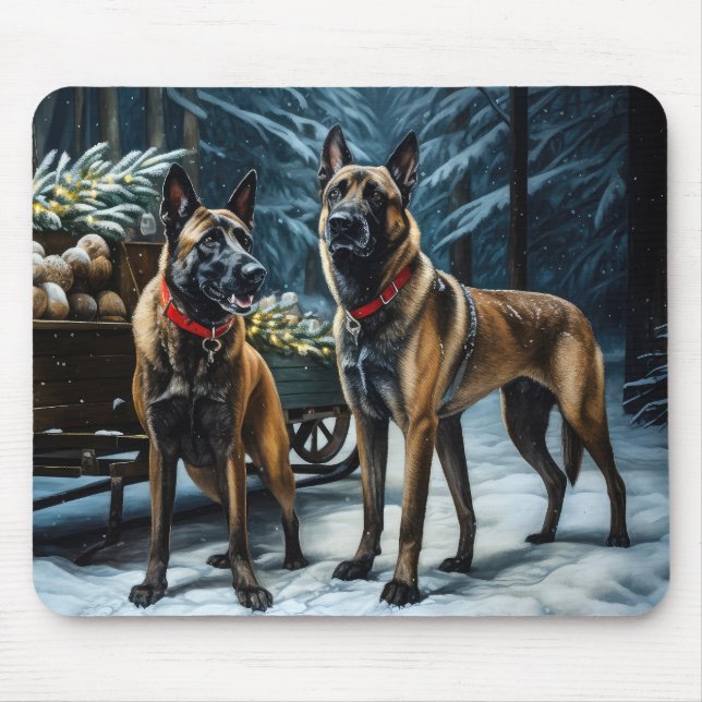 Belgiska Malinoi Snowy Sleigh-juldekretet Musmatta (Framsidan)