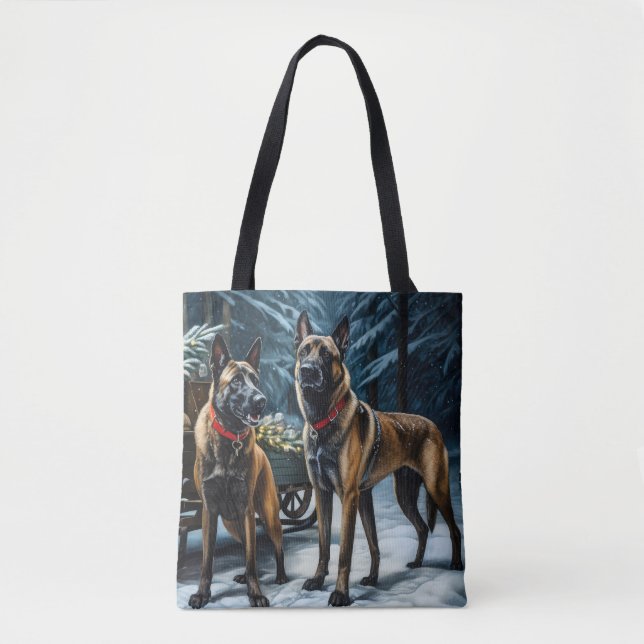 Belgiska Malinoi Snowy Sleigh-juldekretet Tygkasse (Framsida)