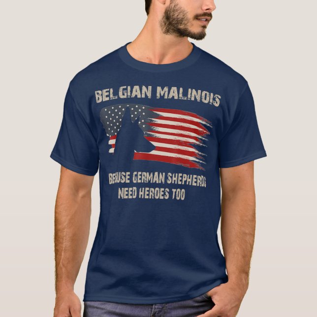 Belgiska malinois American Flagga Rolig hund Gift T Shirt (Framsida)