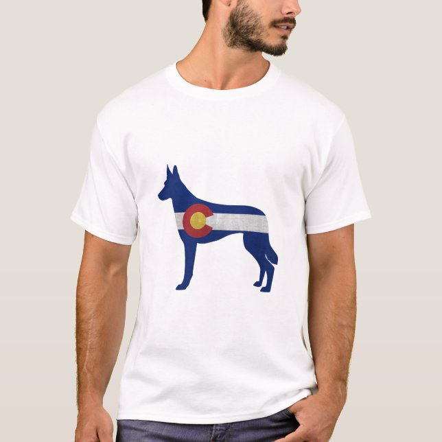 Belgiska Malinois Colorado Flagga Silhouette T Shirt (Framsida)