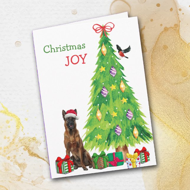 Belgiska Malinois Hund, Bird och Julgran Helgkort (Skapare uppladdad)