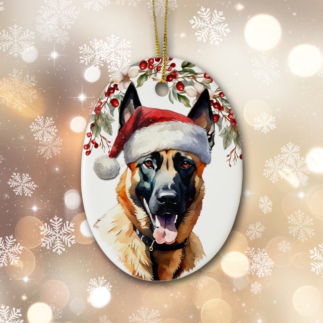 Belgiska Malinois Hund Holly Berry jul Julgransprydnad Keramik (Skapare uppladdad)