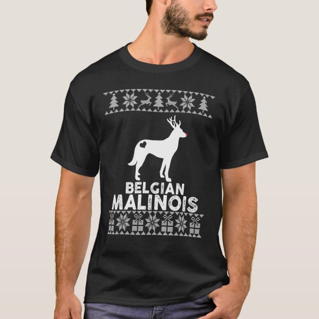 Belgiska Malinois Hund Reindeer Ugly jul Swea T Shirt (Framsida)