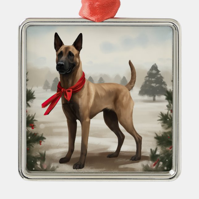 Belgiska Malinois Hund under julen i Snö Julgransprydnad Metall (Framsidan)