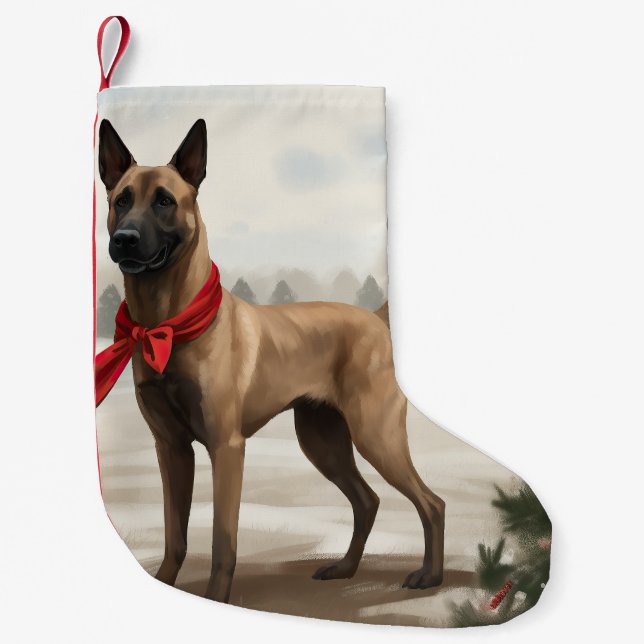 Belgiska Malinois Hund under julen i Snö Liten Julstrumpa (Framsidan)