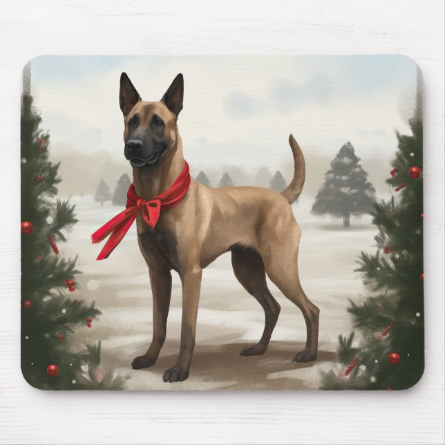 Belgiska Malinois Hund under julen i Snö Musmatta (Framsidan)