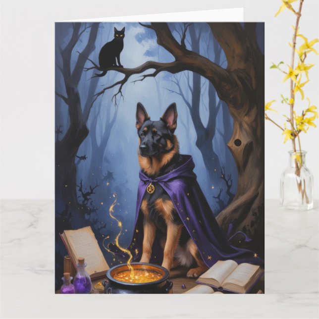 Belgiska Malinois Hund Whimsical Halloween Paintin Kort (Gul blomma)