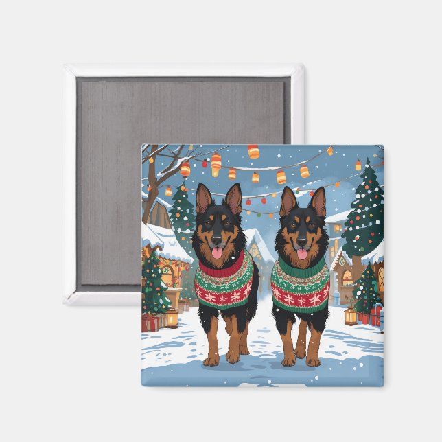Belgiska Malinois Hundar Jul Snö Högtid  Magnet (Front/Back)