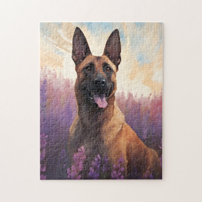 Belgiska Malinois i Lavender fält Pussel (Vertikal)