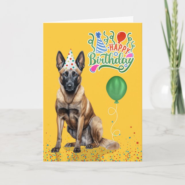 Belgiska Malinois i Party Hat på Gulten Birthday Kort (Framsida)