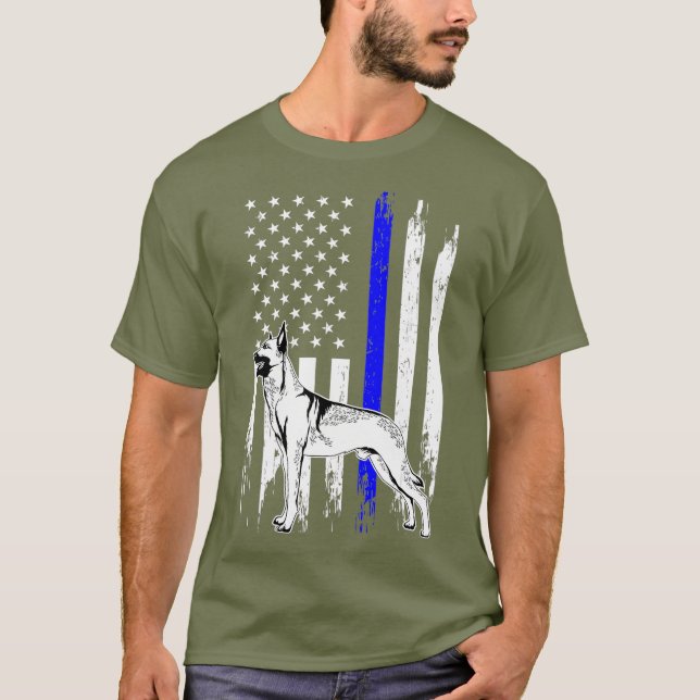 Belgiska malinois K9 Unit Thin Blue Line US Flagga T Shirt (Framsida)