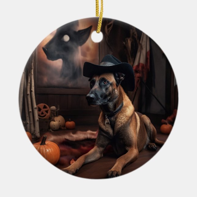Belgiska Malinois Pumpkins Halloween Scary Julgransprydnad Keramik (Framsidan)