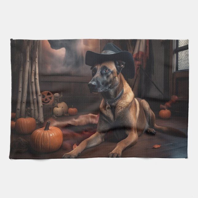 Belgiska Malinois Pumpkins Halloween Scary Kökshandduk (Horisontell)