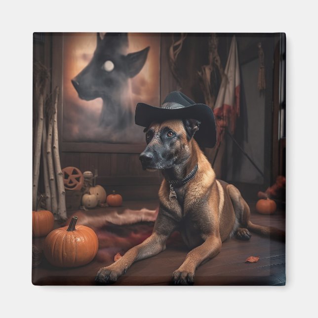 Belgiska Malinois Pumpkins Halloween Scary Magnet (Framsidan)