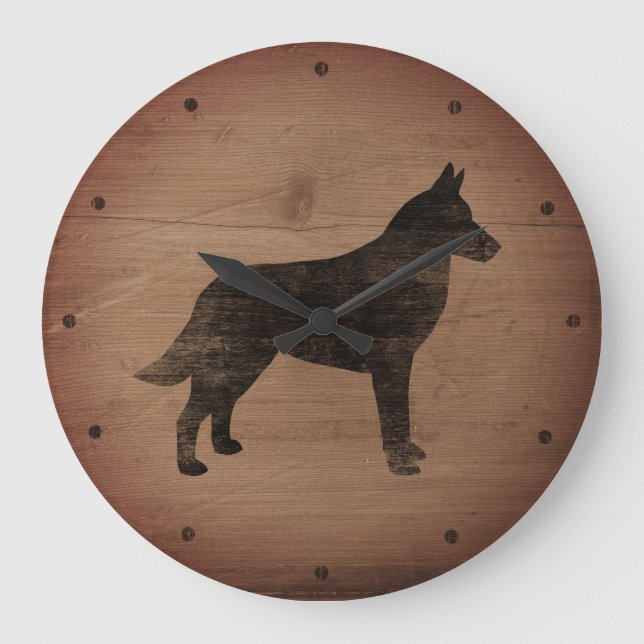 Belgiska Malinois Silhouette Rustic Stil Stor Klocka (Framsida)
