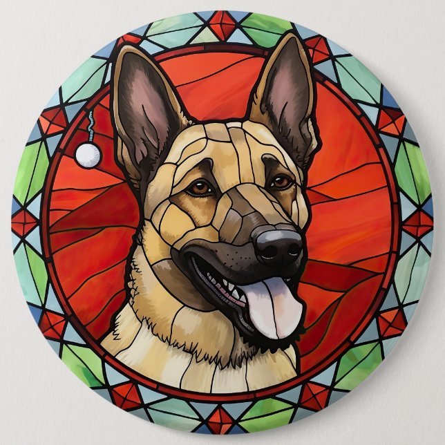 Belgiska Malinois Stached Glass-jul Knapp (Framsida)