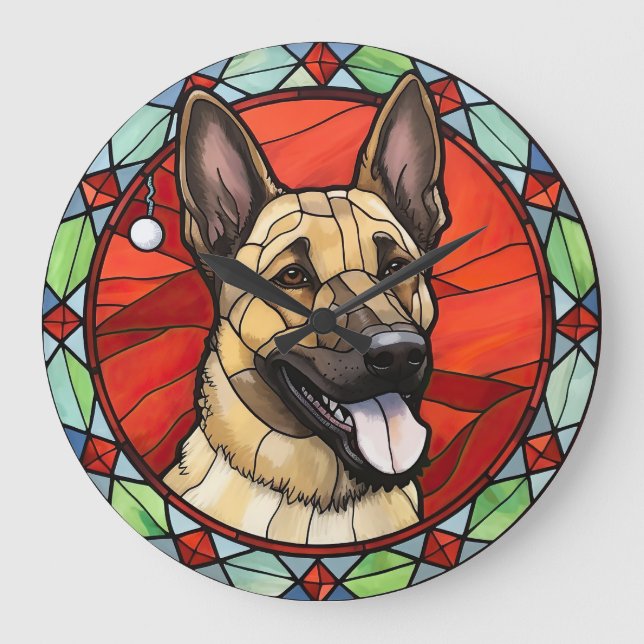 Belgiska Malinois Stached Glass-jul Stor Klocka (Framsida)