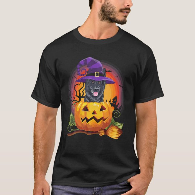 Belgiska Malinois Witch Pumpkin Halloween Hund äls T Shirt (Framsida)