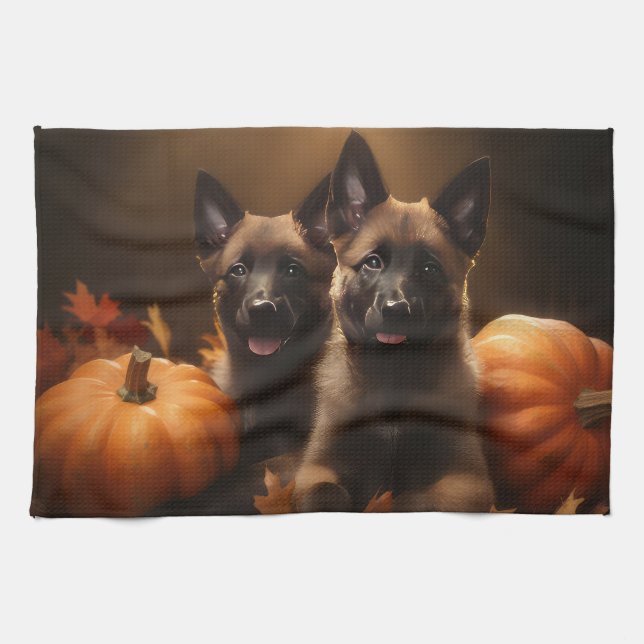 Belgiska schepherd Puppy Autumn Delight Pumpkin Kökshandduk (Horisontell)