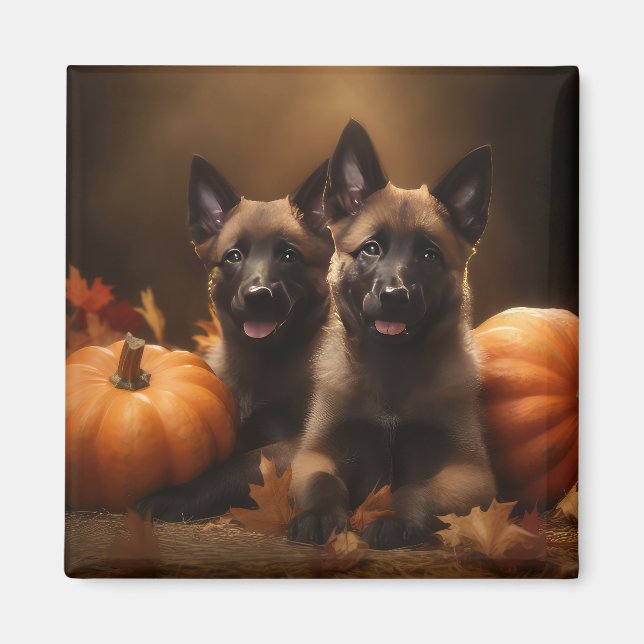 Belgiska schepherd Puppy Autumn Delight Pumpkin Magnet (Framsidan)