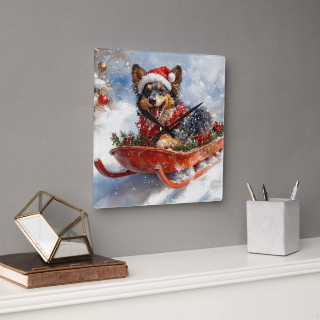 Belgiska shefherd i Sledge Låt det snöa jul Fyrkantig Klocka (Kontor)