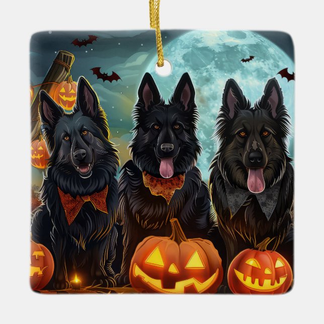 Belgiska Shepherd Halloween Spooky Julgransprydnad Keramik (Framsida)