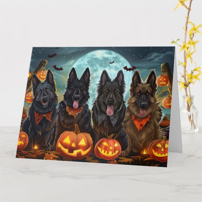 Belgiska Shepherd Halloween Spooky Kort (Gul blomma)