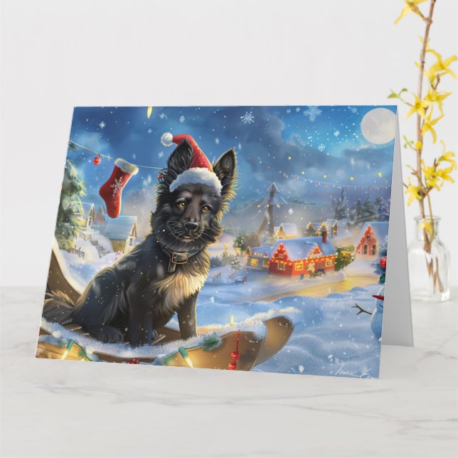 Belgiska Shepherd Hund i Sleigh Snö jul Kort (Gul blomma)