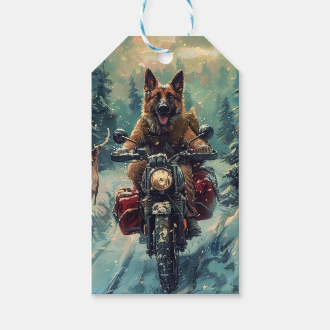 Belgiska Shepherd Hund Riding Motorcykel jul Presentetikett (Framsidan)
