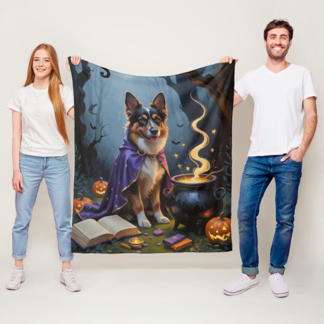 Belgiska Shepherd Hund Whimsical Halloween Paintin Fleecefilt (På plats)