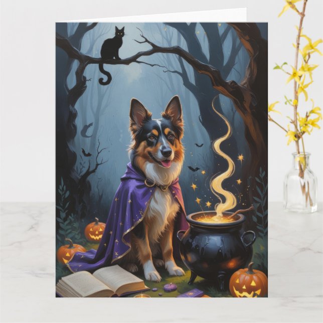 Belgiska Shepherd Hund Whimsical Halloween Paintin Kort (Gul blomma)