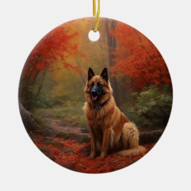 Belgiska shepherd i Höst löv Fall Inspire Julgransprydnad Keramik (Framsidan)