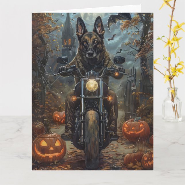 Belgiska shepherd Riding Motorcycle Halloween Scar Kort (Gul blomma)