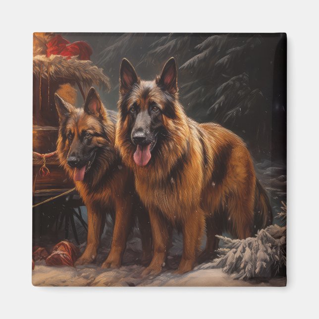 Belgiska shepherd Snowy Sleigh-juldekan Magnet (Framsidan)