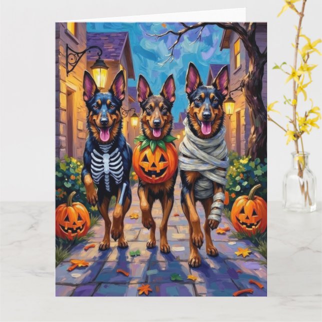 Belgiska vallhundar som går på Halloween-trick-or- Kort (Gul blomma)