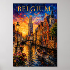 Belgium: Romantic Sunset Bruges Canal Art Souvenir Poster