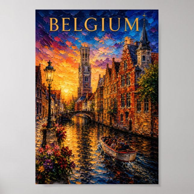 Belgium: Romantic Sunset Bruges Canal Art Souvenir Poster (Framsidan)