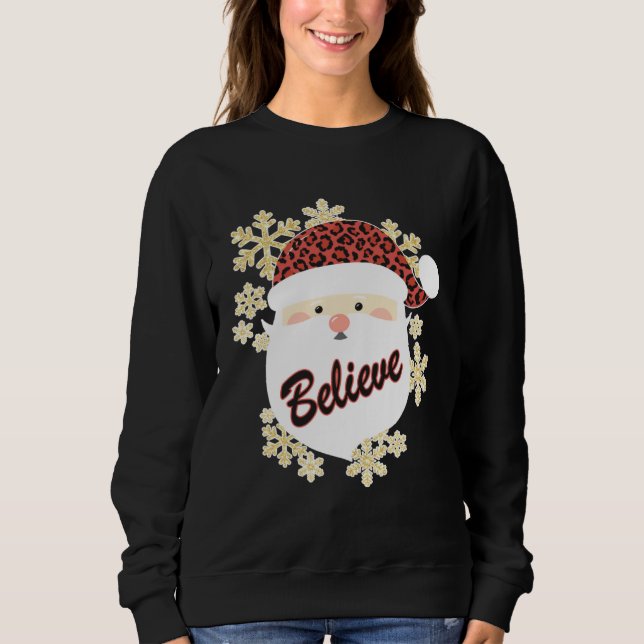 Believe Christmas Santa Hat Leopard Snowflake Grap T Shirt (Framsida)