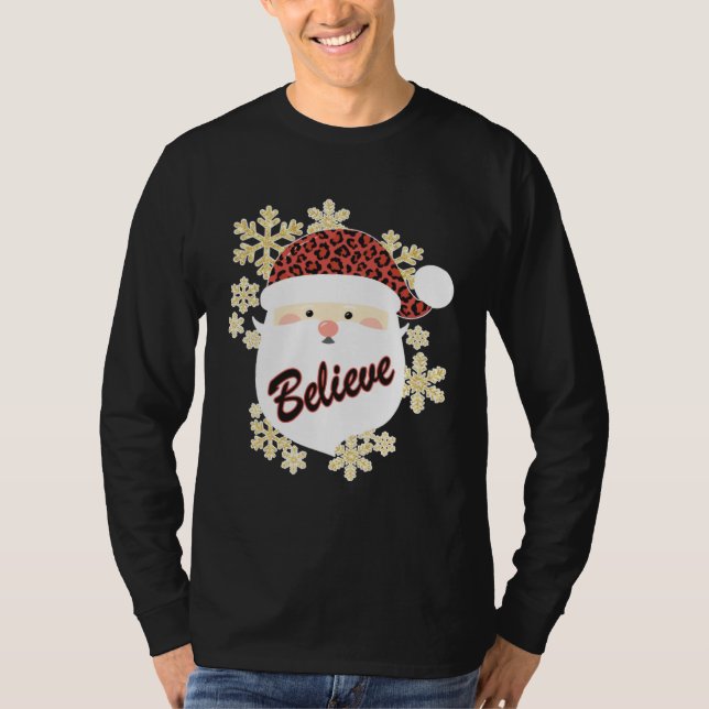 Believe Christmas Santa Hat Leopard Snowflake Grap T Shirt (Framsida)