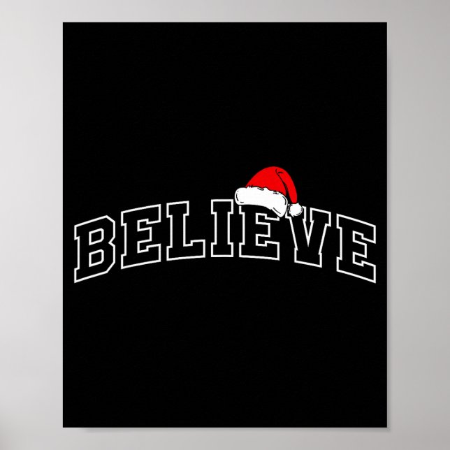 Believe Christmas Varsity Minimal Text Santa Hat F Poster (Framsidan)