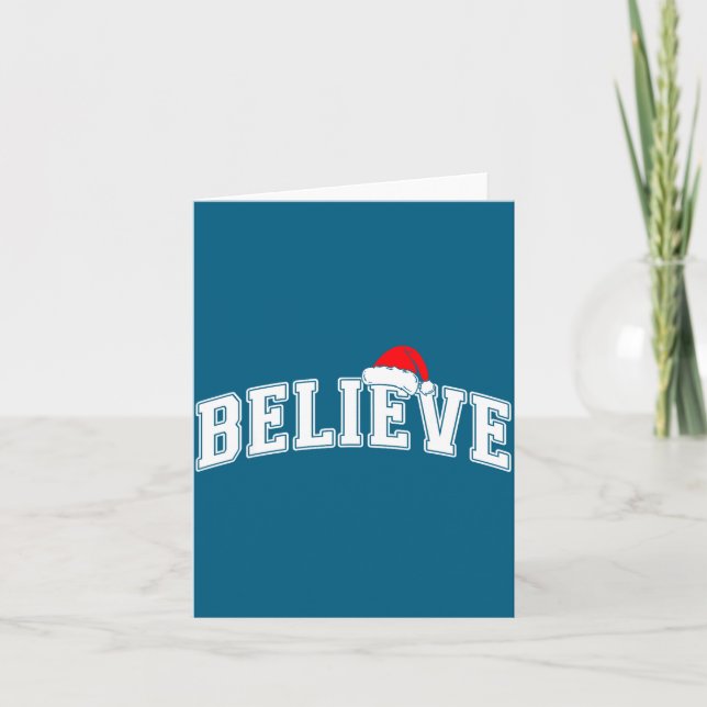 Believe Christmas Varsity Text With Santa Hat Fami Kort (Framsida)