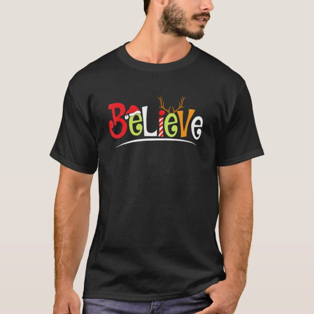 Believe Christmas Xmas Matching Family Pajamas T Shirt (Framsida)